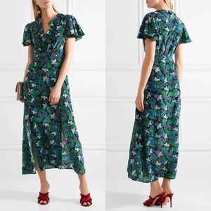 Saloni Josee Silk Emerald Green Floral Print Midi Dress